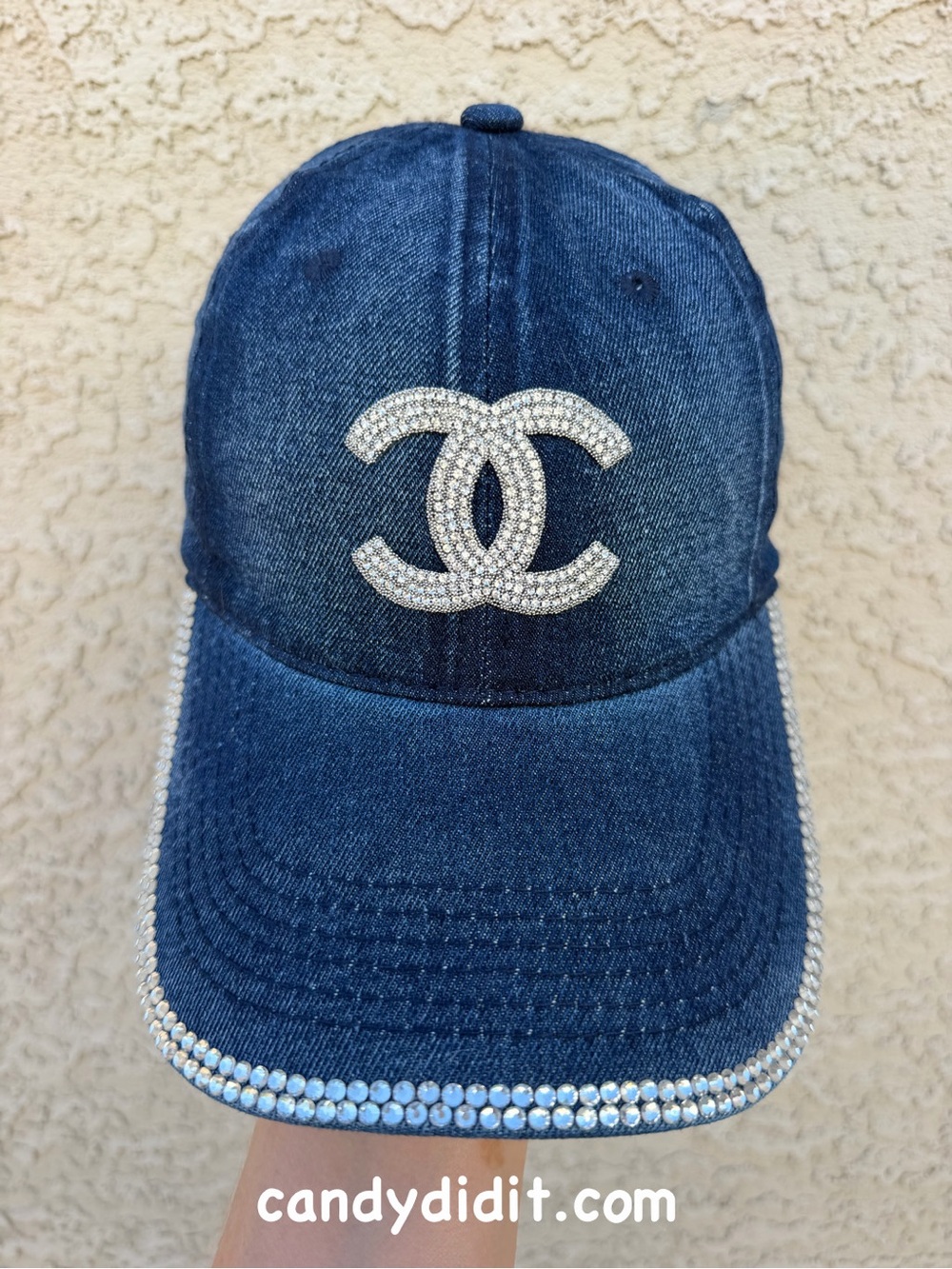 New Handmade Denim Baseball Cap with Crystal Logo Faded Medium Blue
